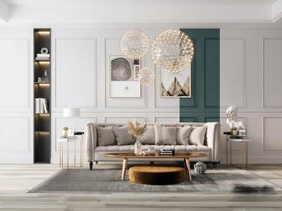 简欧客厅 多人沙发 沙发茶几组合 吊灯 装饰品 地毯 摆件